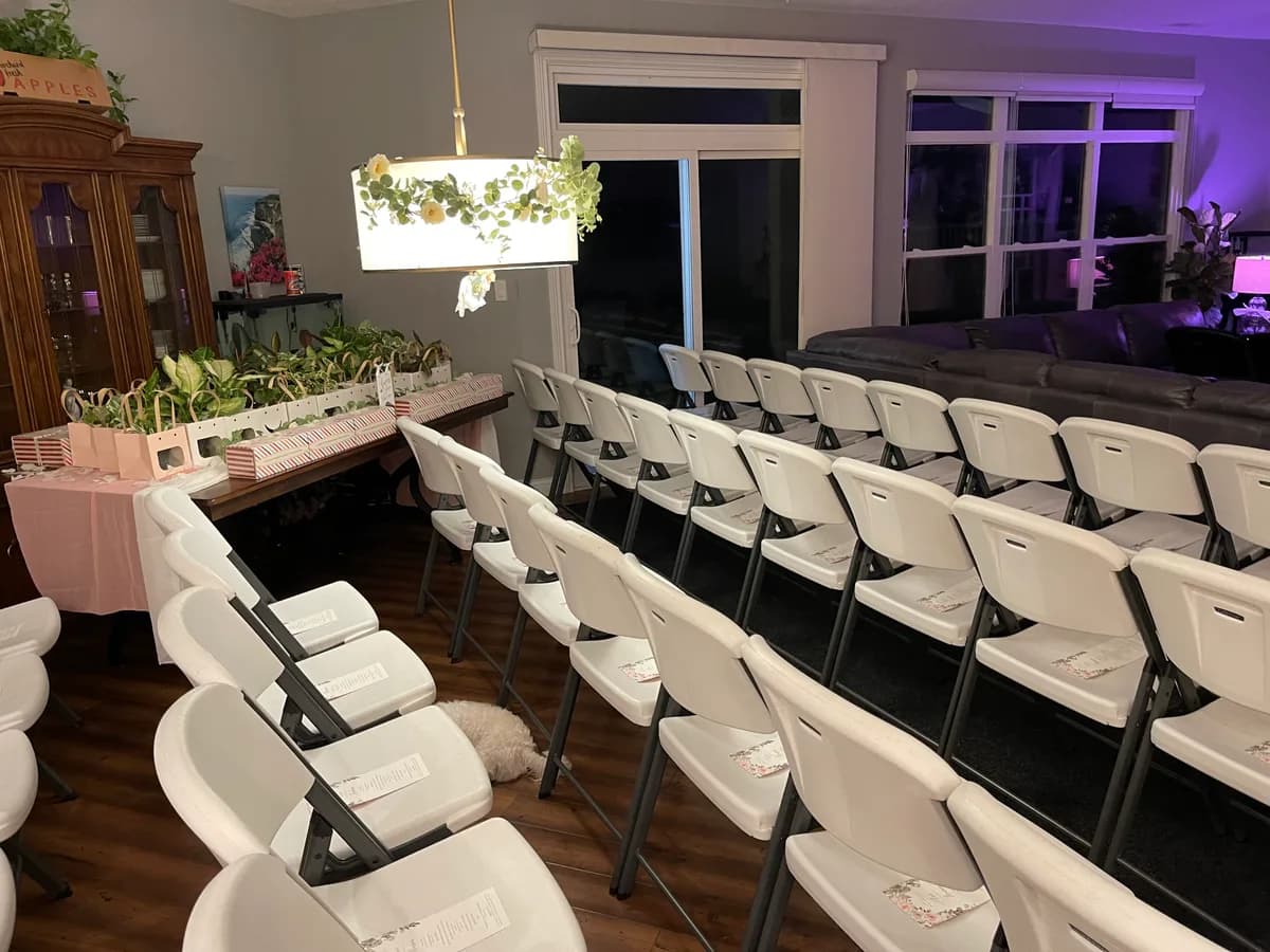 Tables and chairs set up for an event